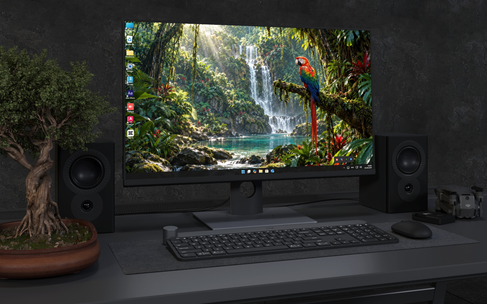 Desktop Wallpaper 9237 - Macaw Overlooking a Lush Forest Waterfall