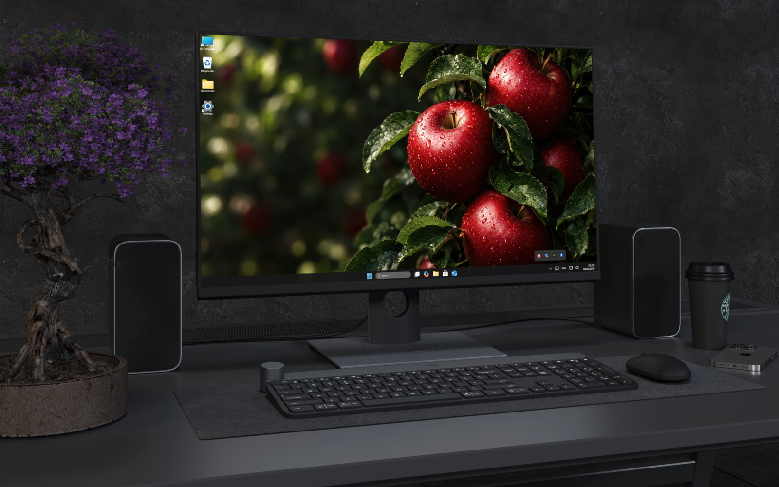 Desktop Wallpaper 9257 - Red Apples and Dewy Leaves in Soft Shadow