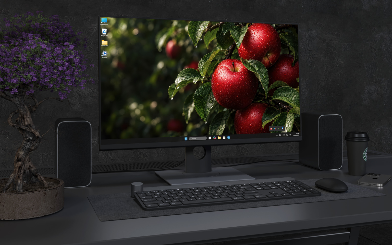 Laptop Wallpaper 9254 - Red Apples and Dewy Leaves in Soft Shadow