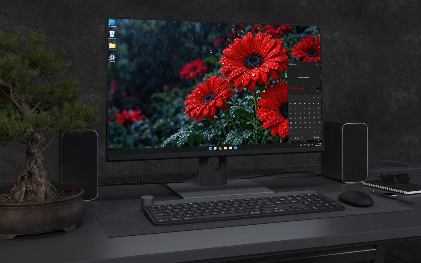 Desktop Wallpaper 9305 - Rainy Red Gerberas Across a Dark Garden