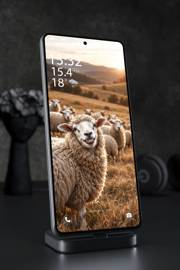 Phone Wallpaper 8842 - Smiling Sheep in a Golden Mountain Pasture