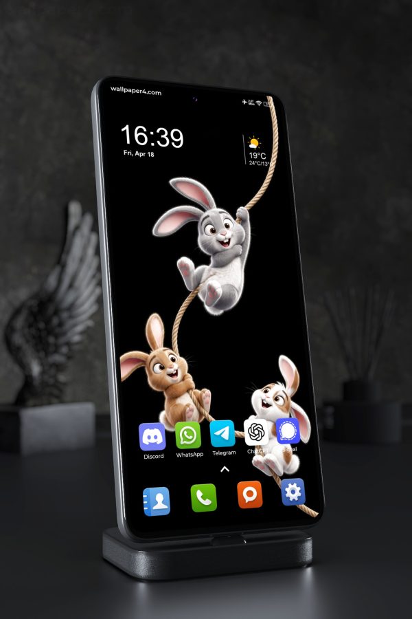 Phone Wallpaper 8849 - Three Playful Rabbits Climbing a Rope