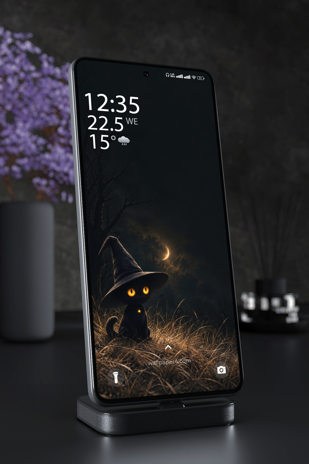 Phone Wallpaper 8858 - Black Cat Beneath a Crescent Moon