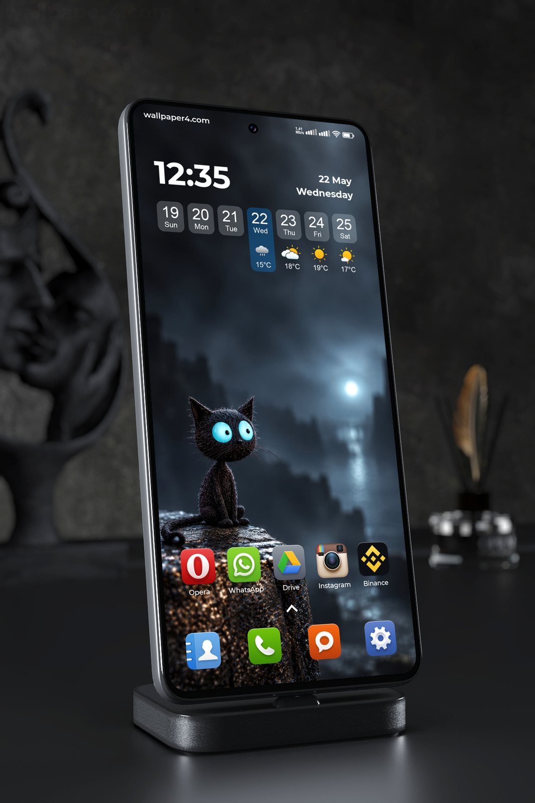Phone Wallpaper 8864 - Wide-Eyed Black Cat in the Rain