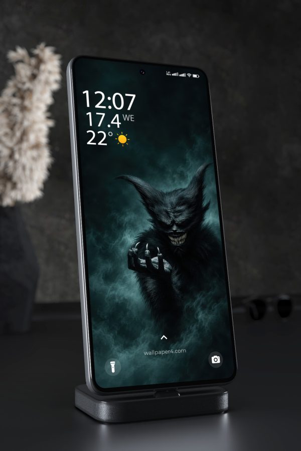 Phone Wallpaper 8870 - Fanged Shadow Creature Rising Through Teal Mist