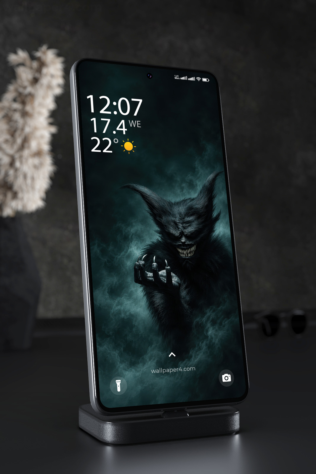 Phone Wallpaper 8870 - Fanged Shadow Creature Rising Through Teal Mist