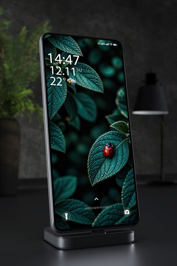 Phone Wallpaper 8876 - Red Ladybug on Textured Teal Leaves