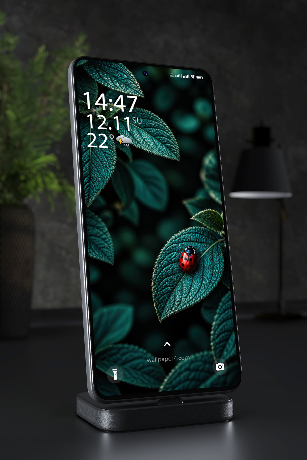 Phone Wallpaper 8876 - Red Ladybug on Textured Teal Leaves