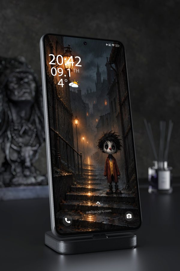 Phone Wallpaper 8888 - Lonely Figure in a Rainy Lantern Alley