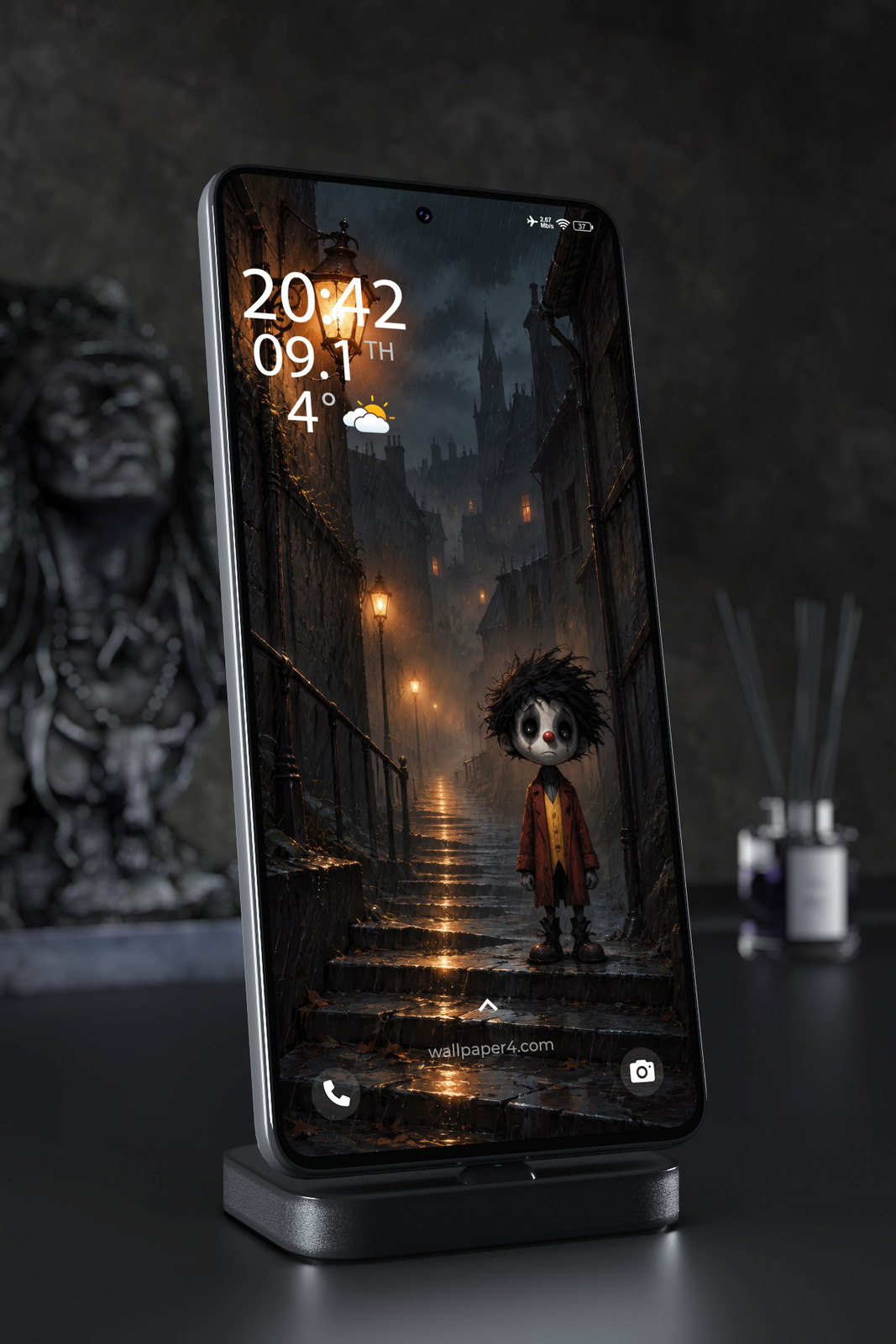 Phone Wallpaper 8888 - Lonely Figure in a Rainy Lantern Alley
