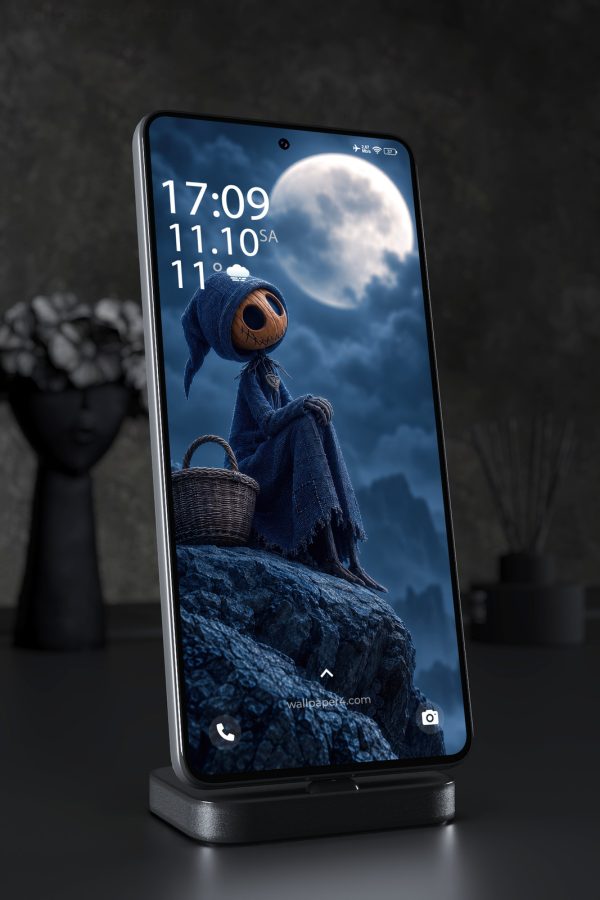 Phone Wallpaper 8897 - Hooded Straw Figure Beneath a Full Moon
