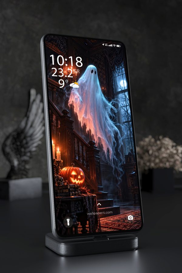 Phone Wallpaper 8903 - Blue Ghost Above a Candlelit Haunted Staircase