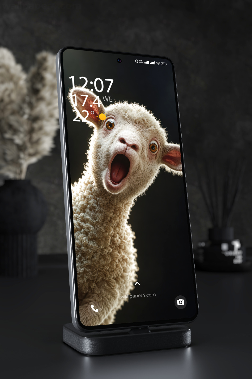 Phone Wallpaper 8912 - Wide-Eyed Lamb Portrait on a Dark Background