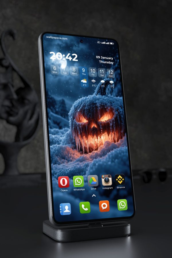 Phone Wallpaper 8934 - Icy Jack-o-Lantern Under a Winter Moon