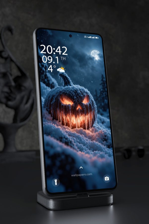 Mobile Wallpaper 8934 - Icy Jack-o-Lantern Under a Winter Moon