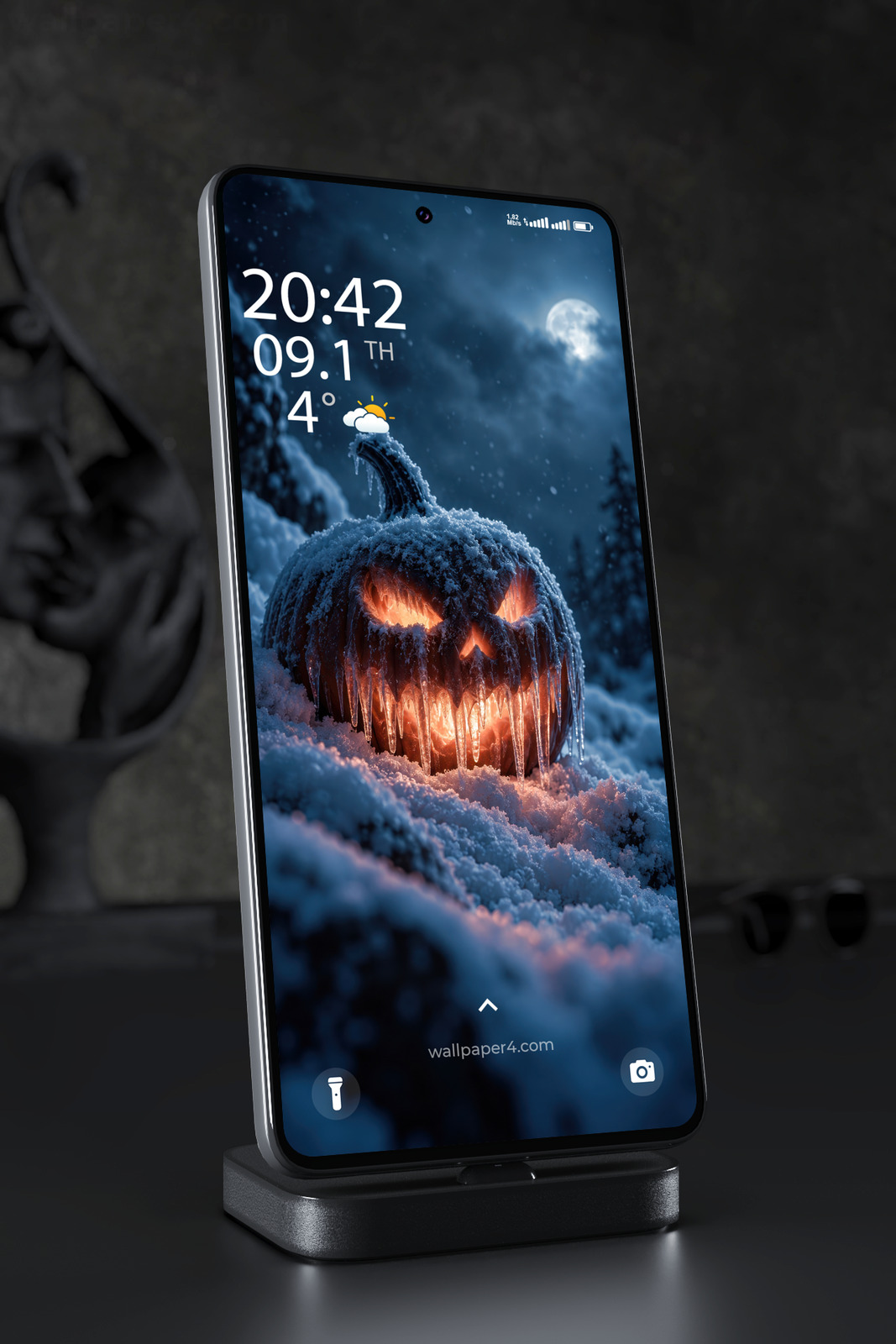 Mobile Wallpaper 8934 - Icy Jack-o-Lantern Under a Winter Moon
