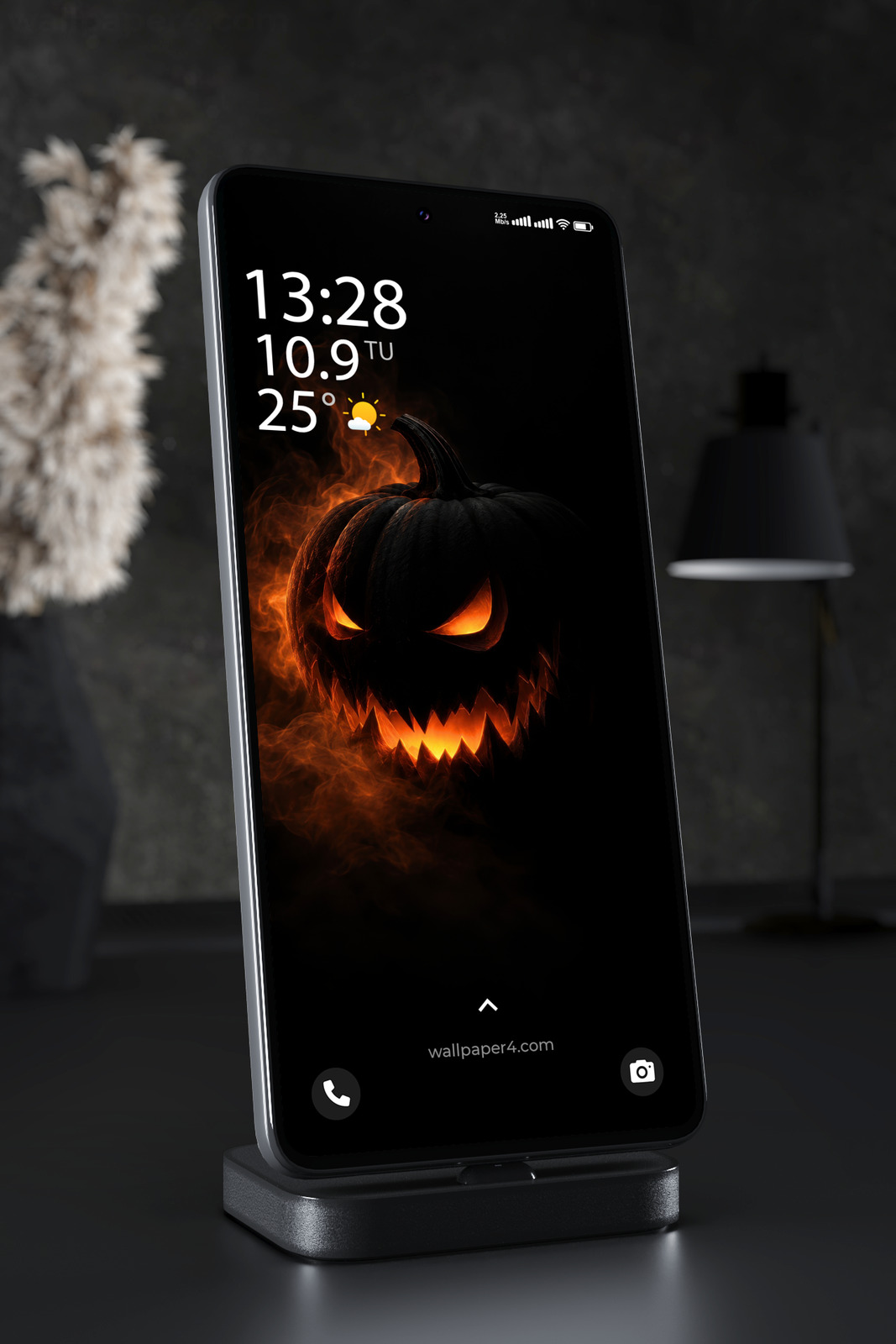 Phone Wallpaper 8940 - Smoky Black Jack-o-Lantern with Ember Eyes