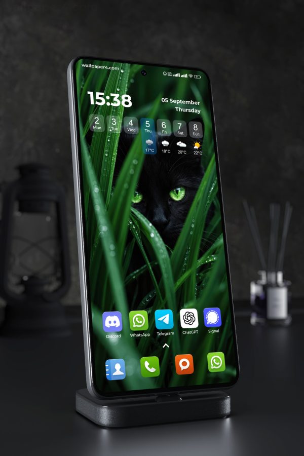Mobile Wallpaper 8950 - Black Cat with Bright Green Eyes in Grass