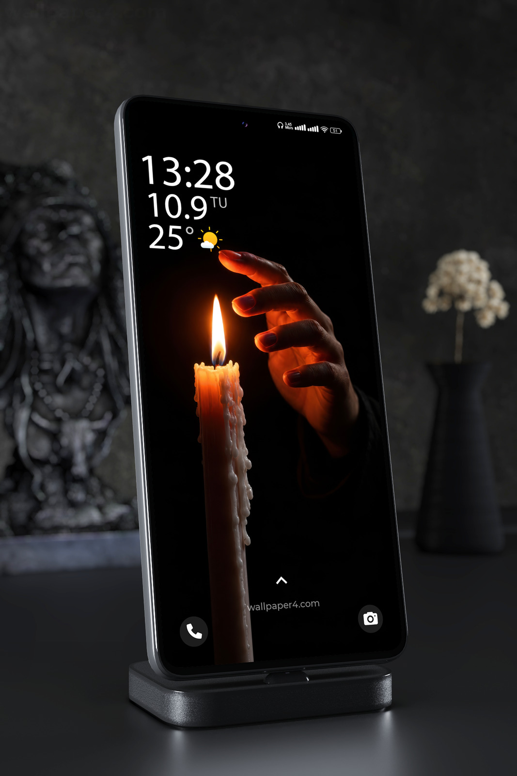Phone Wallpaper 8956 - Shadowed Hand Holding a Single Candle Flame