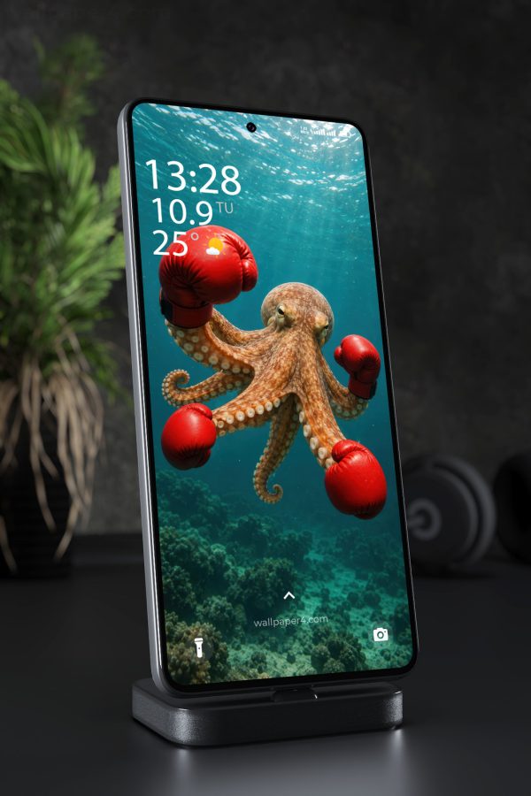 Phone Wallpaper 8959 - Red Octopus Drifting Through Blue Water