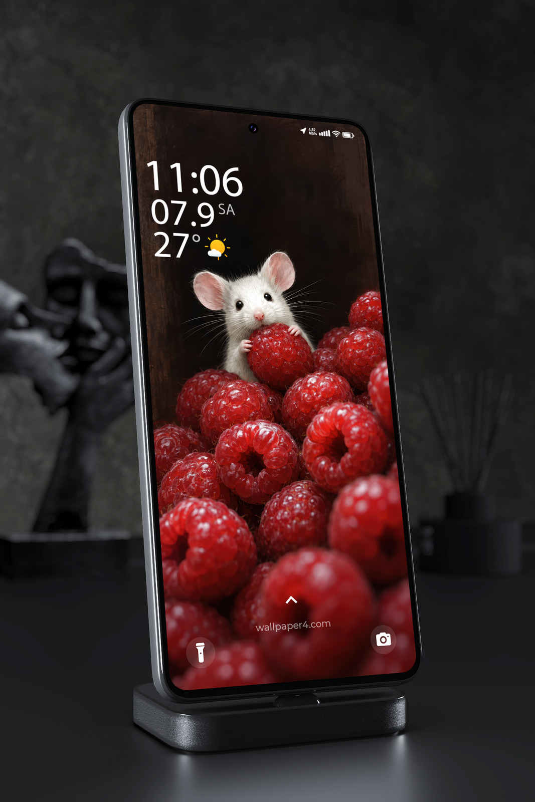 Phone Wallpaper 8965 - Tiny White Mouse Among Frosted Raspberries