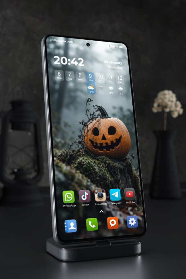 Phone Wallpaper 9001 - Small Jack-o-Lantern on a Mossy Forest Log