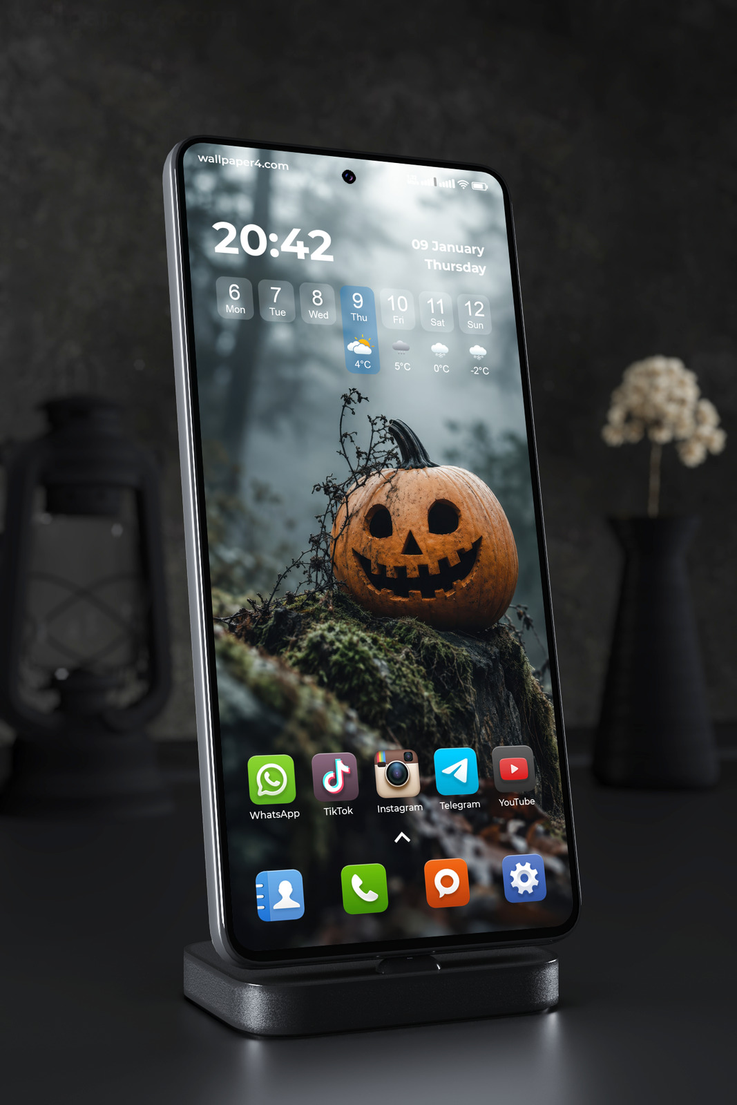 Phone Wallpaper 9001 - Small Jack-o-Lantern on a Mossy Forest Log