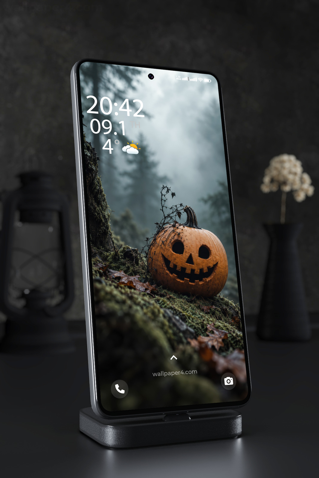 Mobile Wallpaper 9001 - Small Jack-o-Lantern on a Mossy Forest Log
