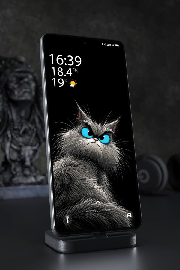 Phone Wallpaper 9007 - Black Cat Face with Electric Blue Eyes