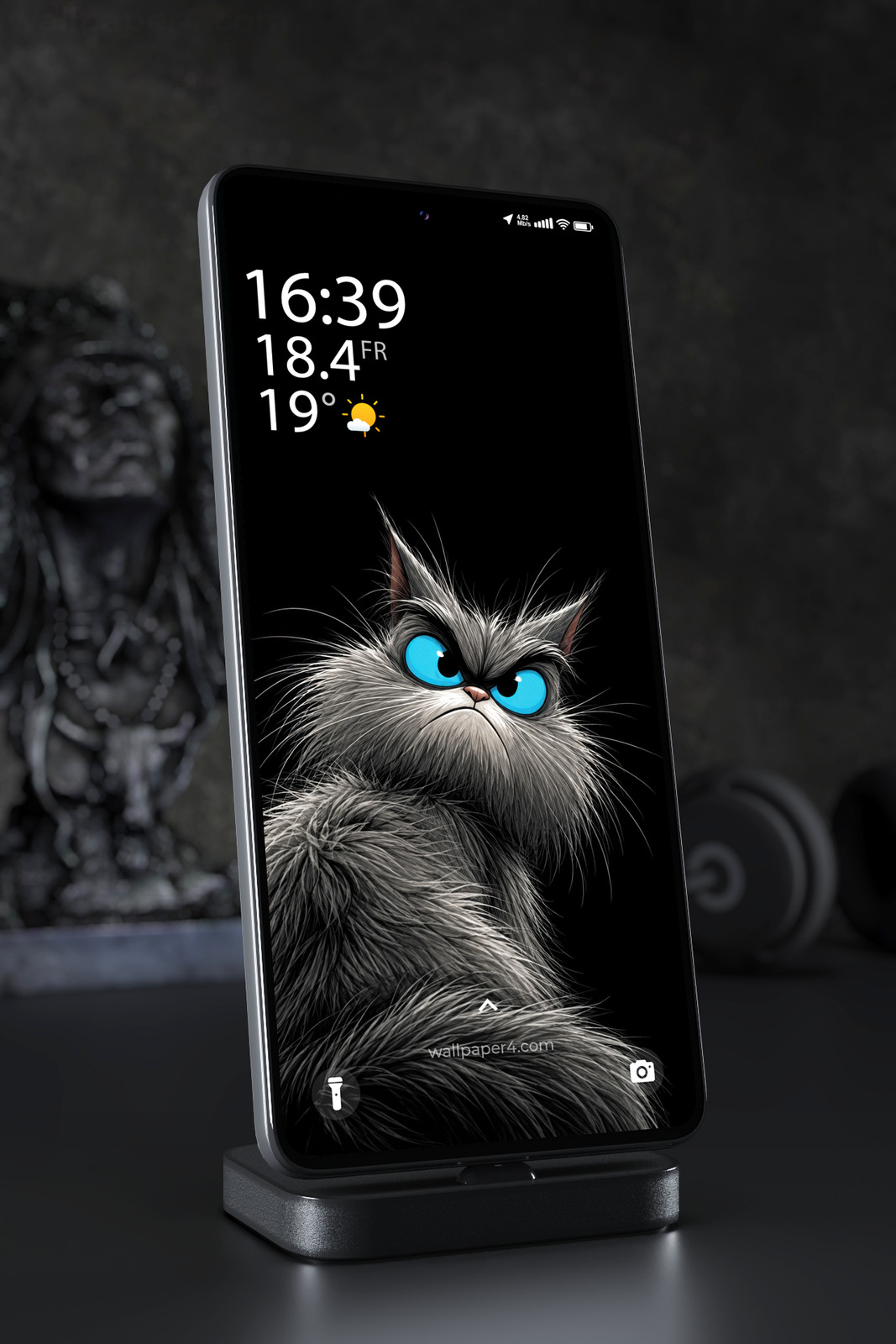 Phone Wallpaper 9007 - Black Cat Face with Electric Blue Eyes