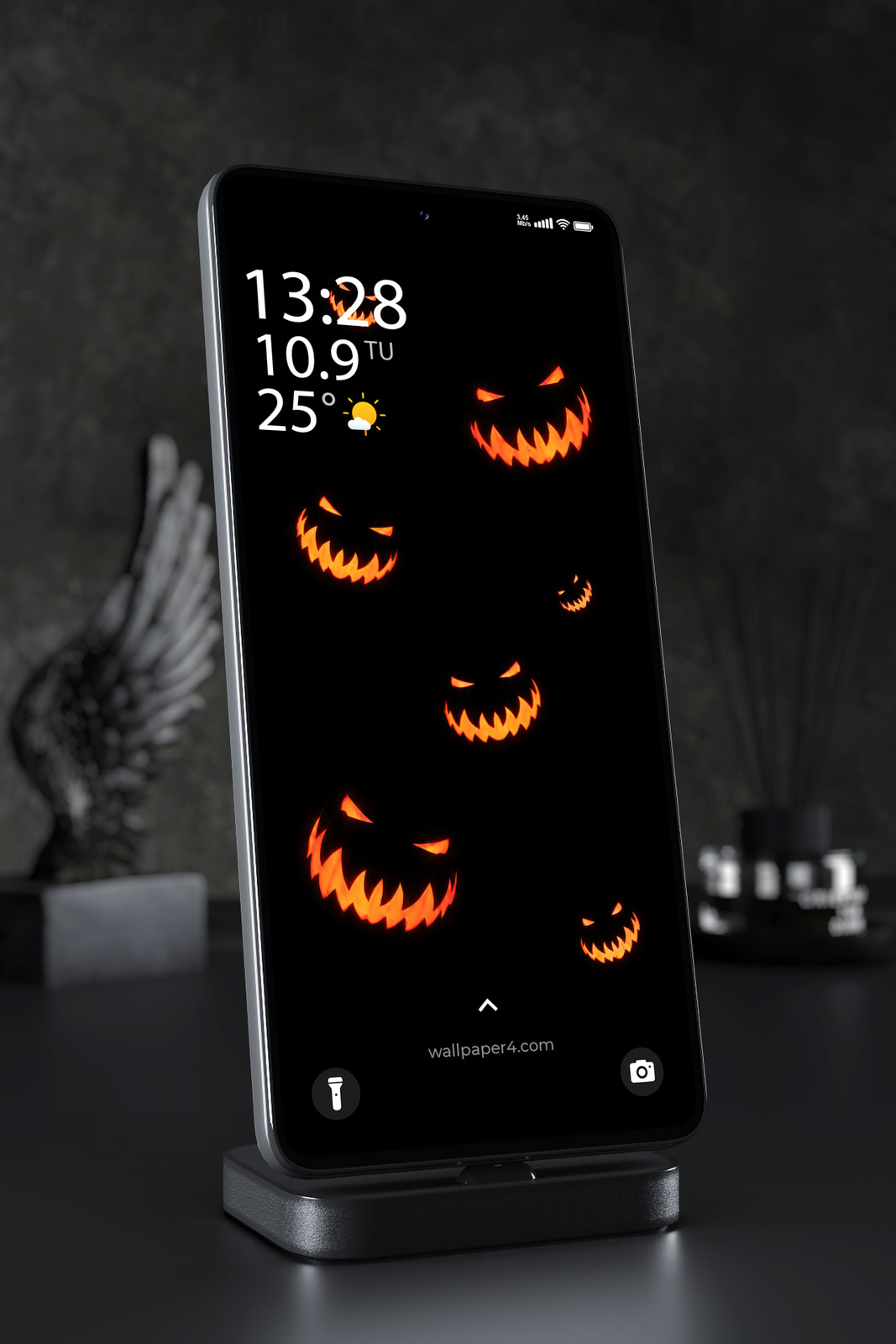Phone Wallpaper 9028 - Floating Orange Jack-o-Lantern Faces on Black