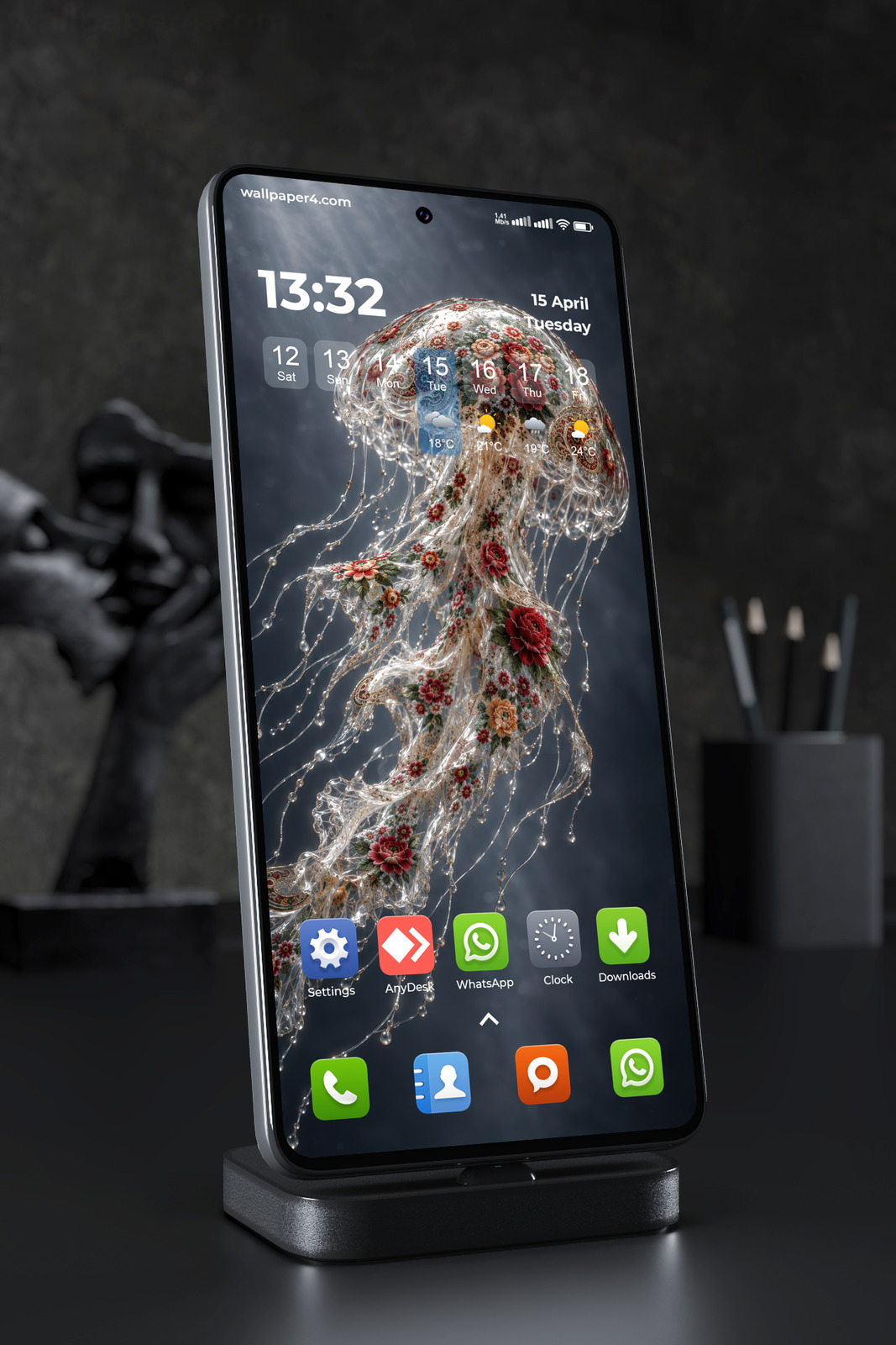 Phone Wallpaper 9064 - Floral Glass Jellyfish in Shadowed Water