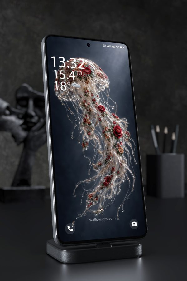Mobile Wallpaper 9064 - Floral Glass Jellyfish in Shadowed Water