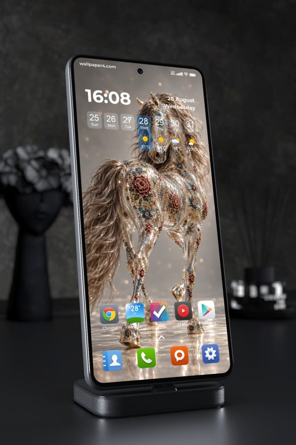 Phone Wallpaper 9070 - Floral Mosaic Horse in Golden Light