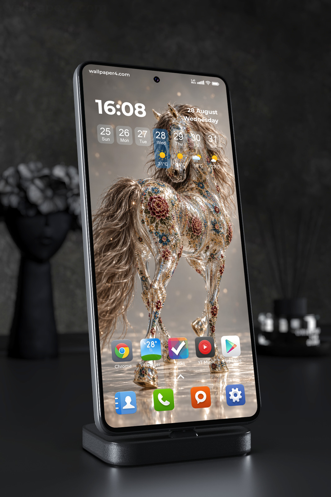 Phone Wallpaper 9070 - Floral Mosaic Horse in Golden Light