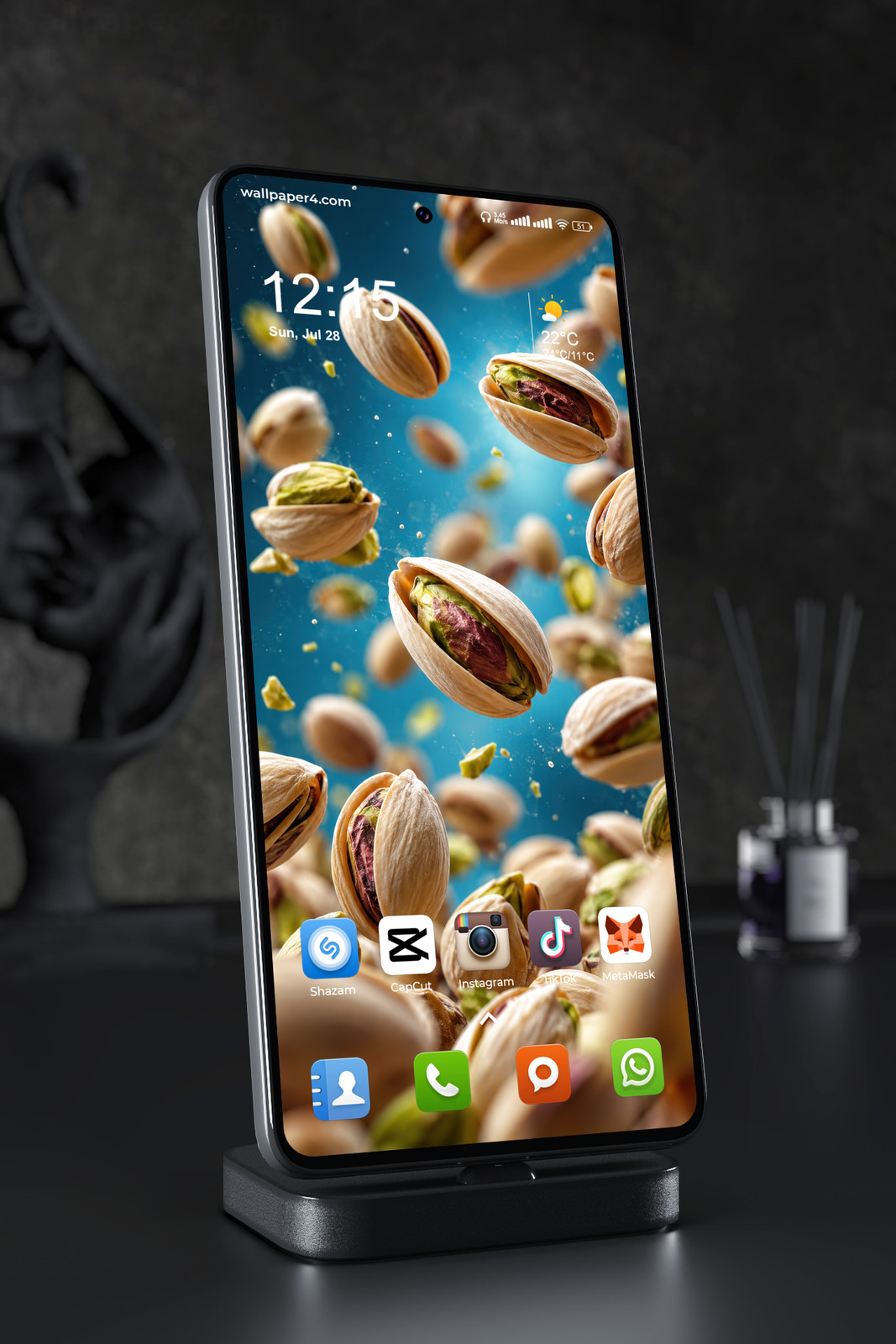 Phone Wallpaper 9096 - Floating Pistachios in a Luminous Blue Field