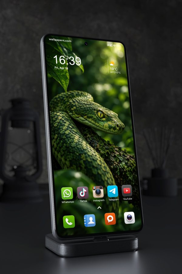 Phone Wallpaper 9111 - Emerald Snake Resting on a Mossy Branch