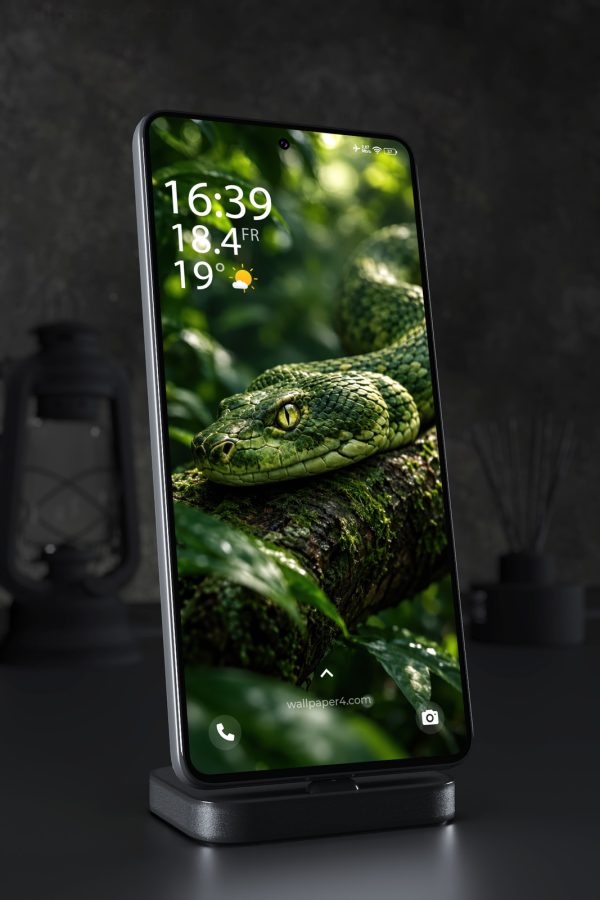 Mobile Wallpaper 9111 - Emerald Snake Resting on a Mossy Branch