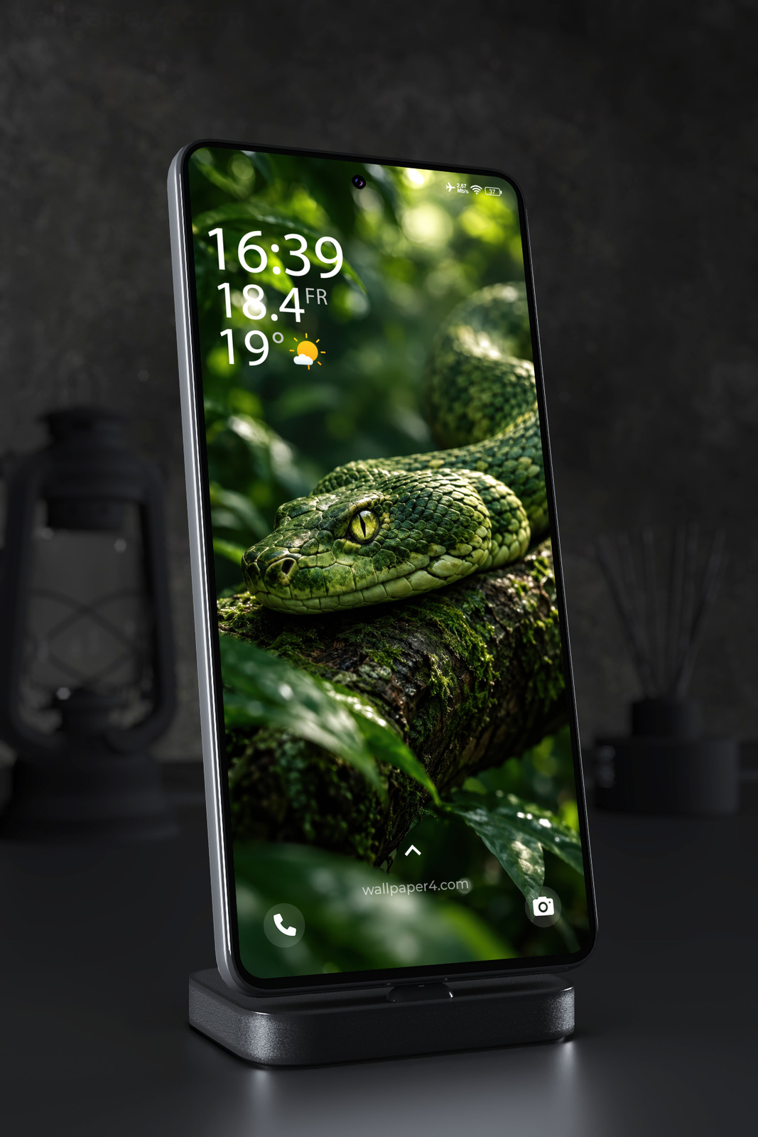 Mobile Wallpaper 9111 - Emerald Snake Resting on a Mossy Branch