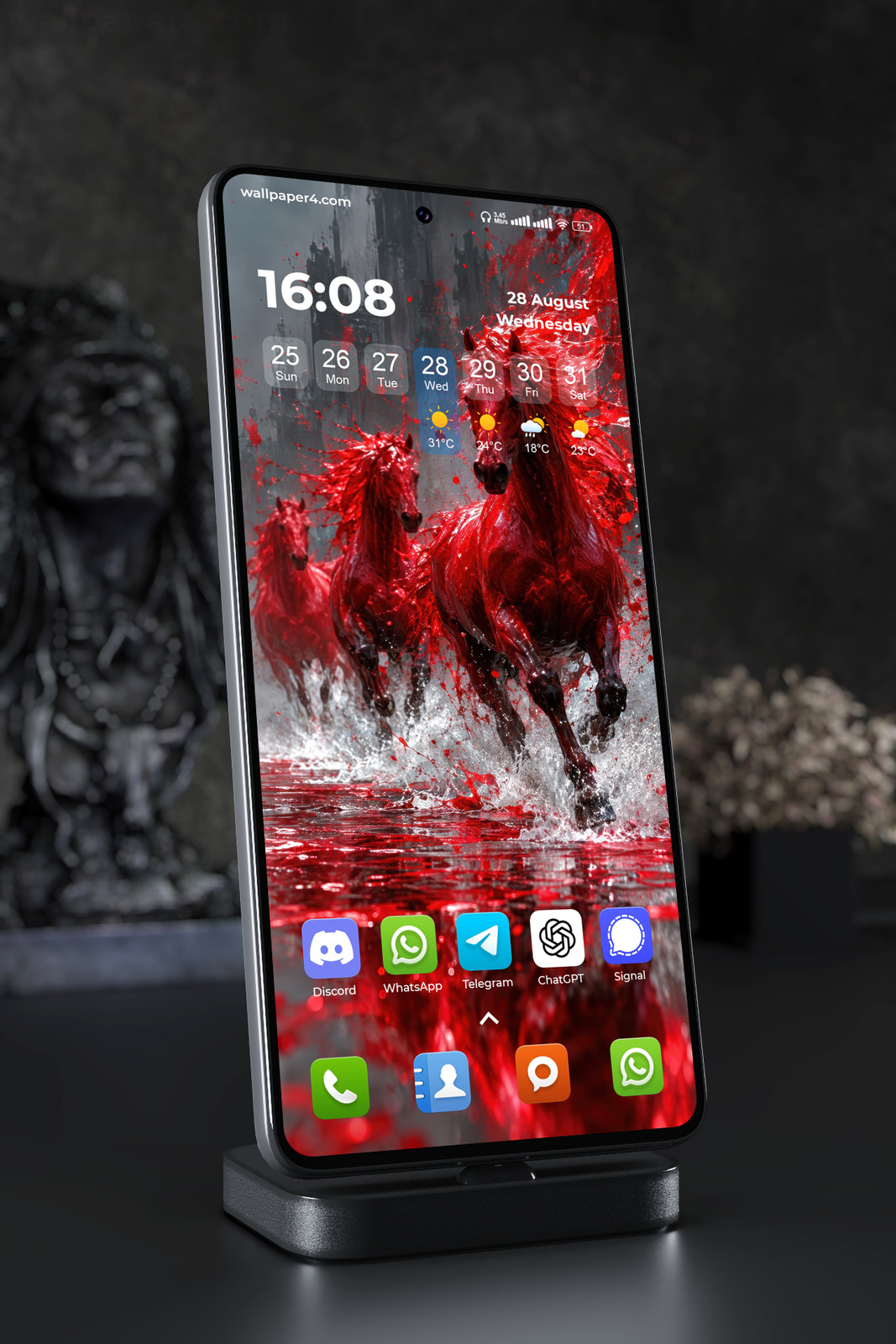 Phone Wallpaper 9117 - Crimson Horses Charging Through Dark Water