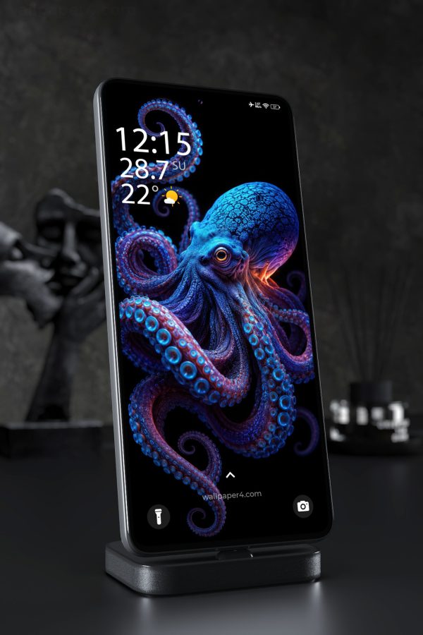 Phone Wallpaper 9129 - Blue Octopus with Glowing Violet Tentacles