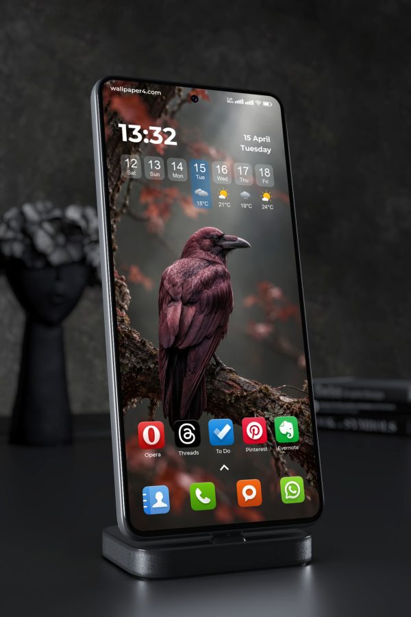 Phone Wallpaper 9135 - Dark Raven on a Branch in Autumn Light
