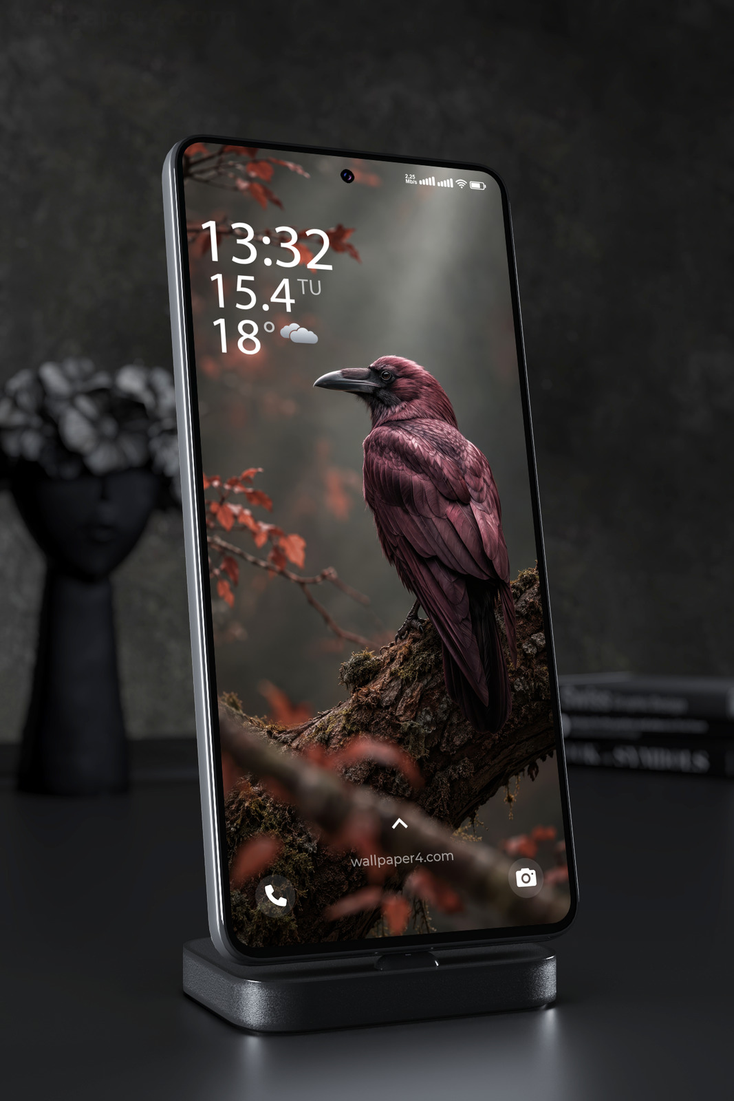 Mobile Wallpaper 9135 - Dark Raven on a Branch in Autumn Light