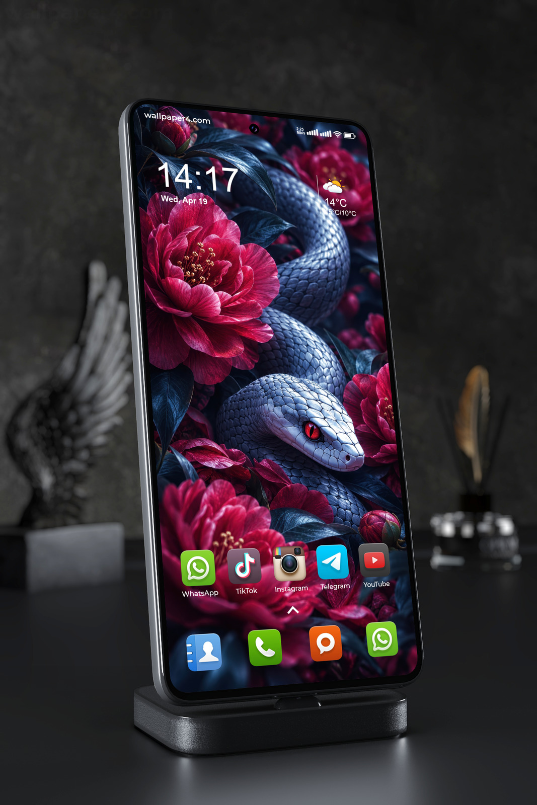 Phone Wallpaper 9141 - Silver Snake Among Deep Red Flowers
