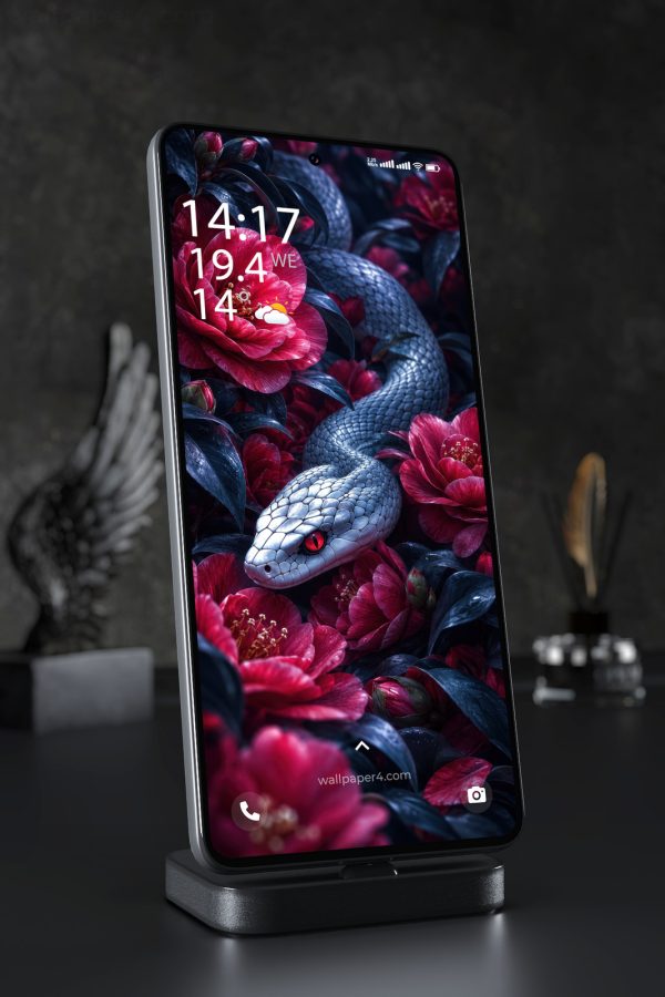 Mobile Wallpaper 9141 - Silver Snake Among Deep Red Flowers