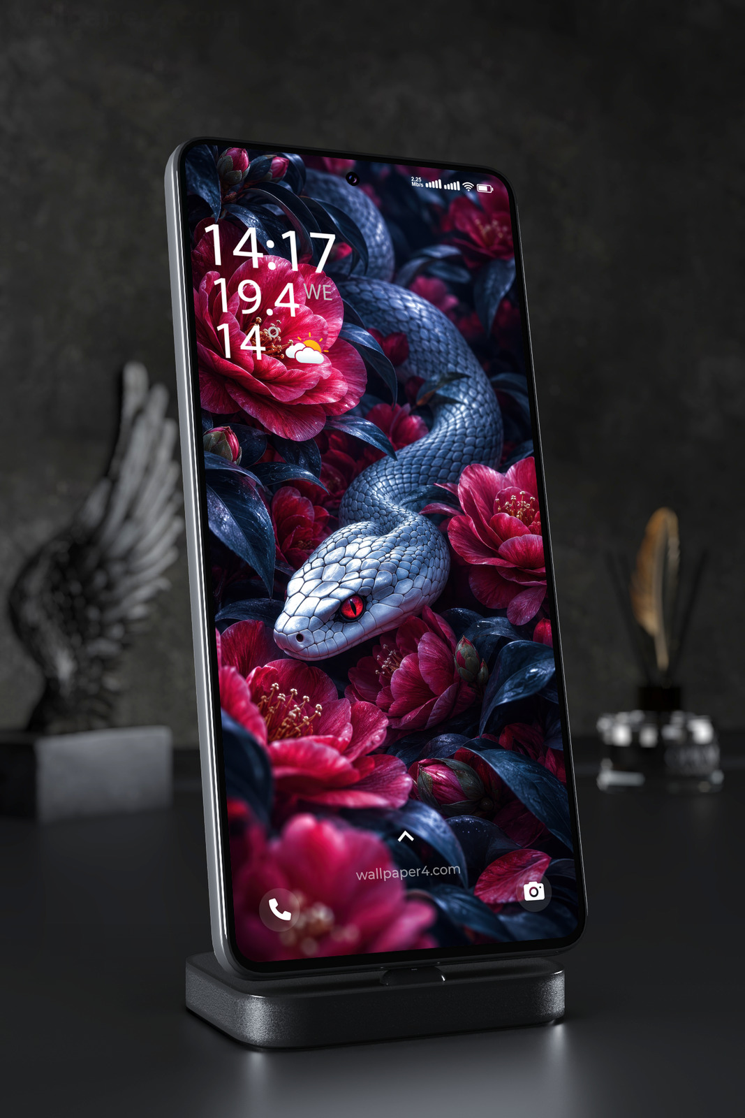 Mobile Wallpaper 9141 - Silver Snake Among Deep Red Flowers