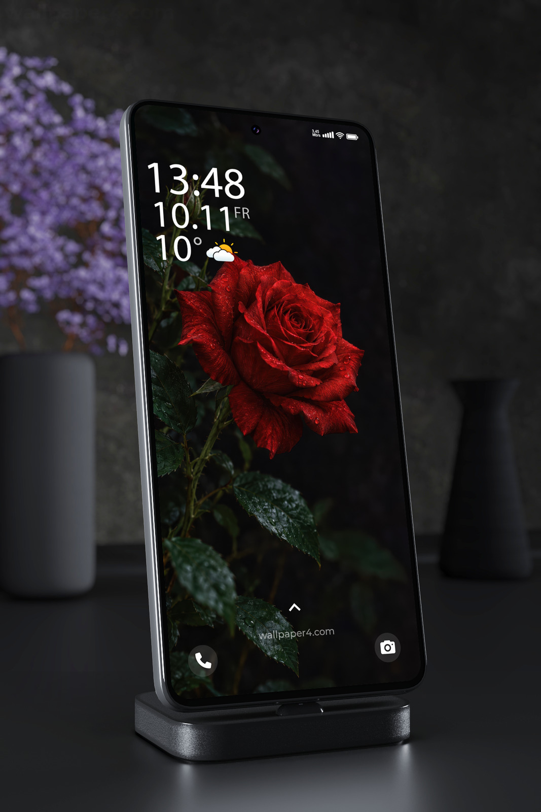 Phone Wallpaper 9156 - Deep Red Rose with Rainlit Petals