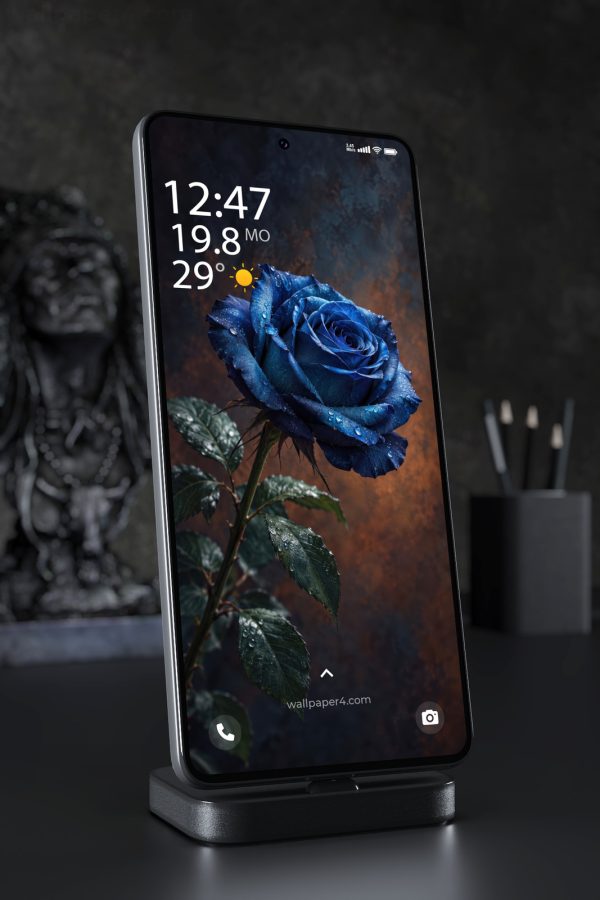 Mobile Wallpaper 9177 - Rain-Dappled Blue Rose Against Warm Rust