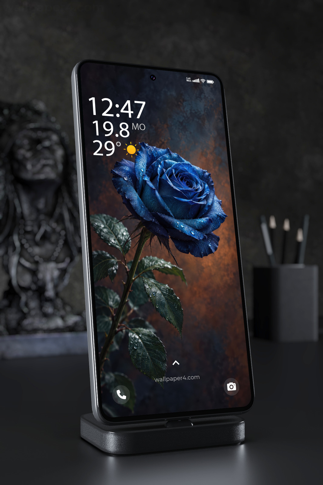 Mobile Wallpaper 9177 - Rain-Dappled Blue Rose Against Warm Rust
