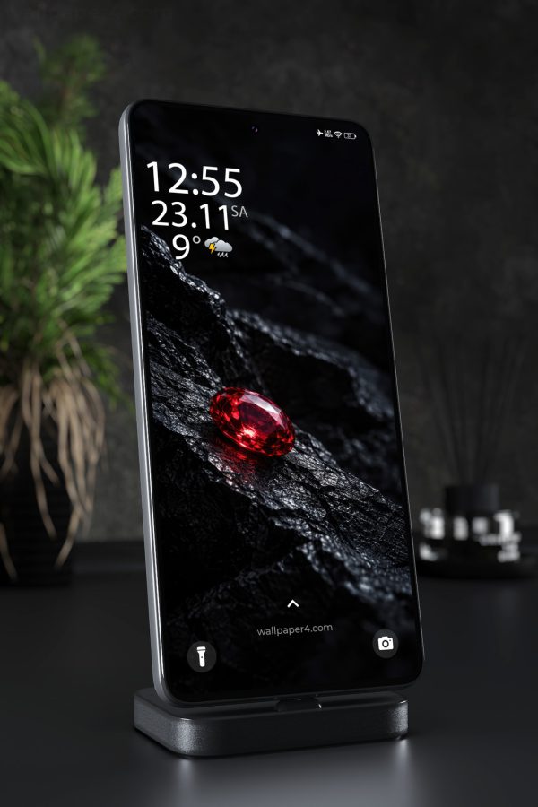 Phone Wallpaper 9183 - Crimson Faceted Gem on Black Volcanic Stone